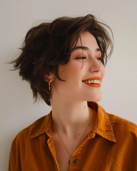 fall hairstyles for short hair 2026 Messy Chestnut Crop With Mustard Fall Color