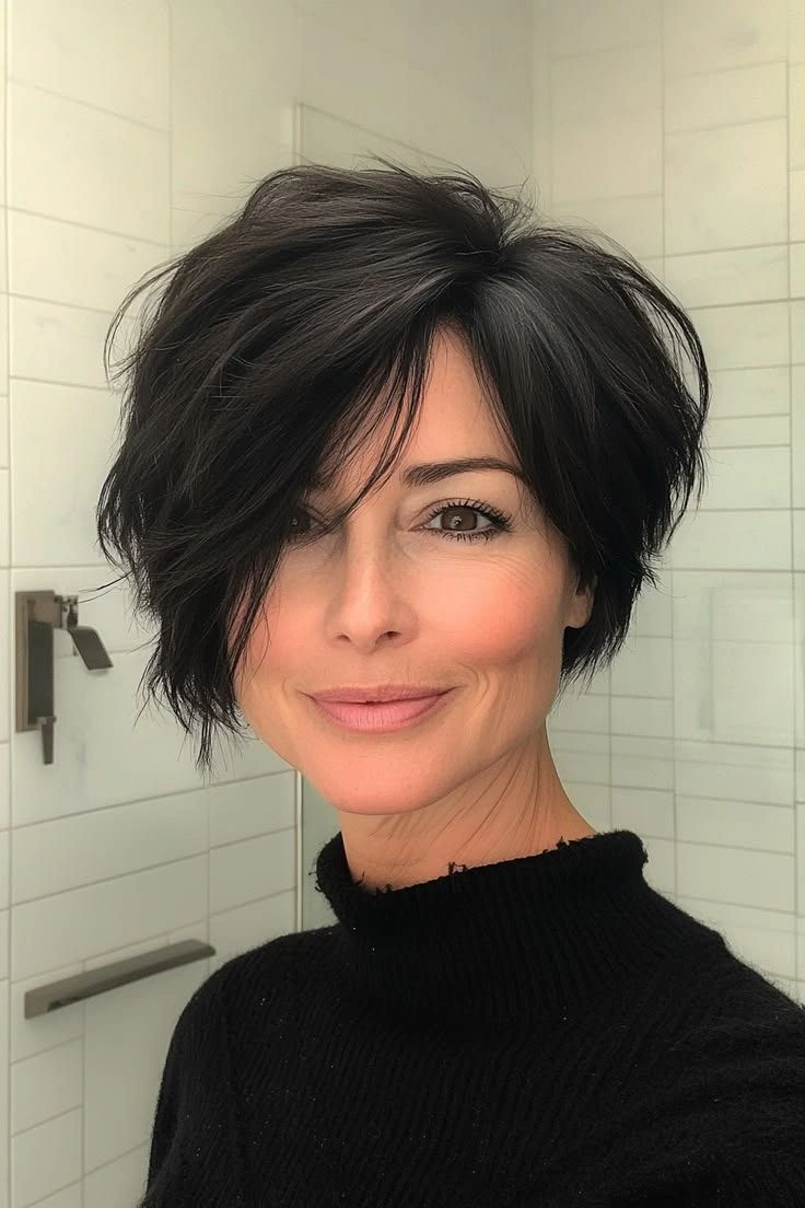fall hairstyles for short hair 2026 Voluminous Black Bob With Sweeping Fringe