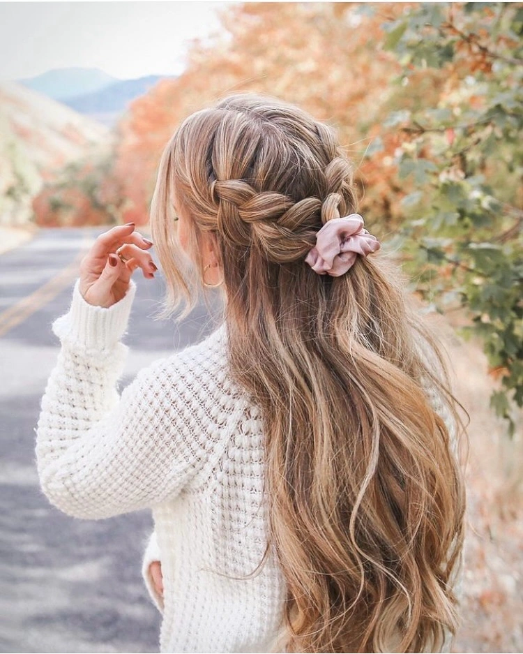 fall hairstyles for wedding guests 2026 Romantic Braided Half-Up Hair With A Velvet Scrunchie