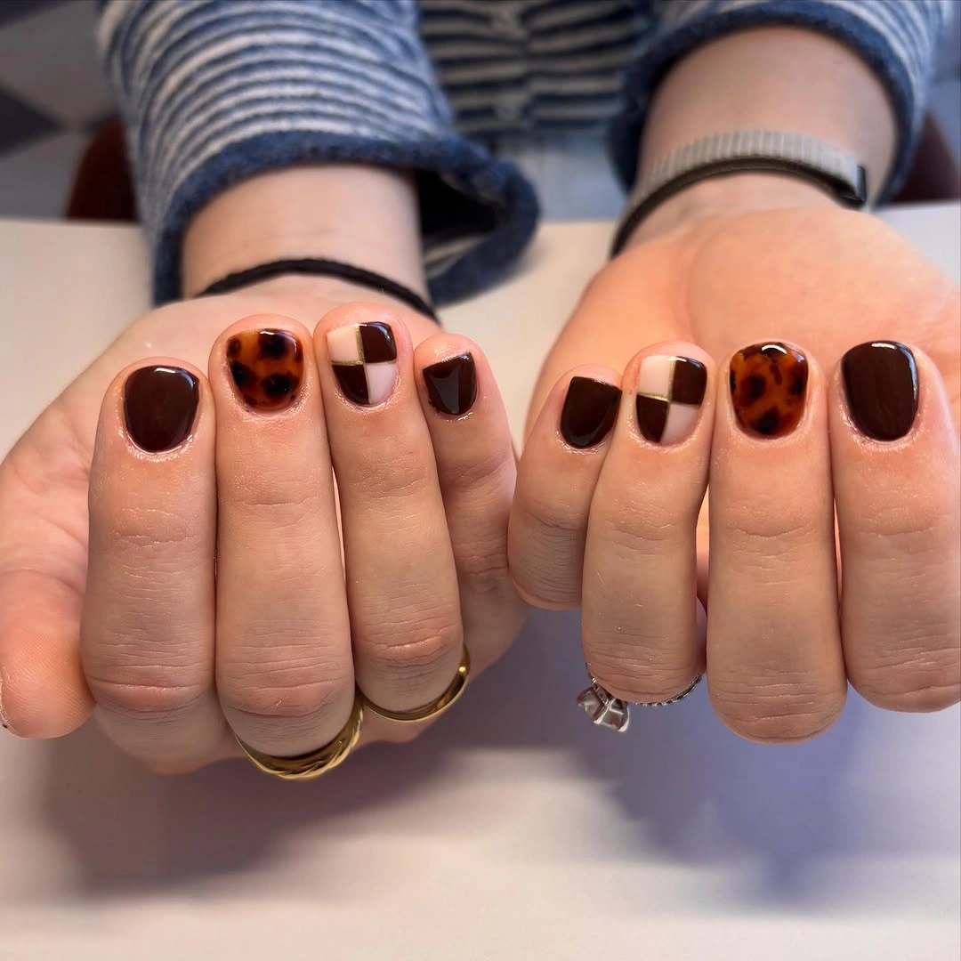 fall manicure 2026 Short Tortoise Manicure With Glossy Brown