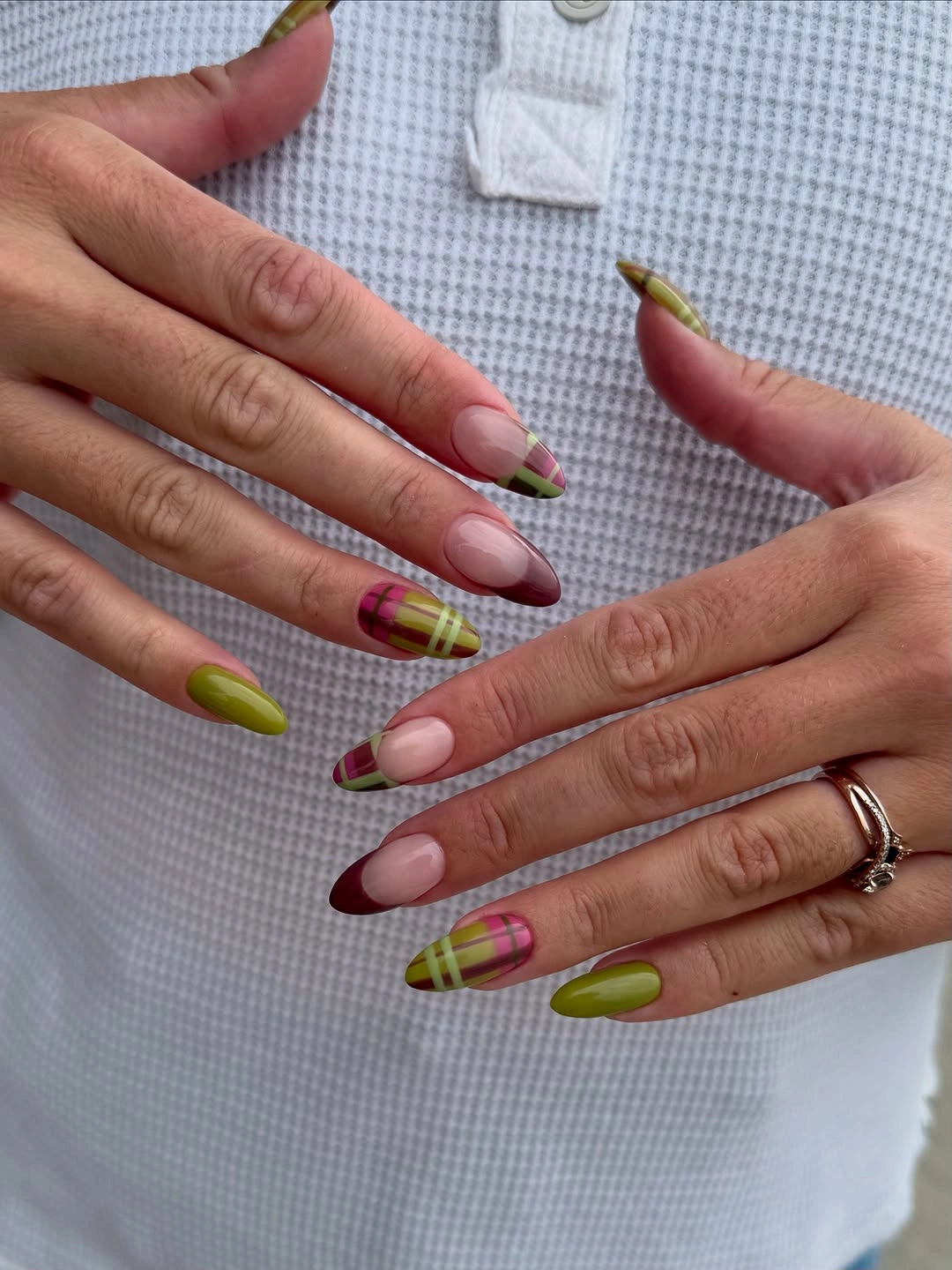 fall manicure 2026 Plaid French Manicure With Olive And Burgundy