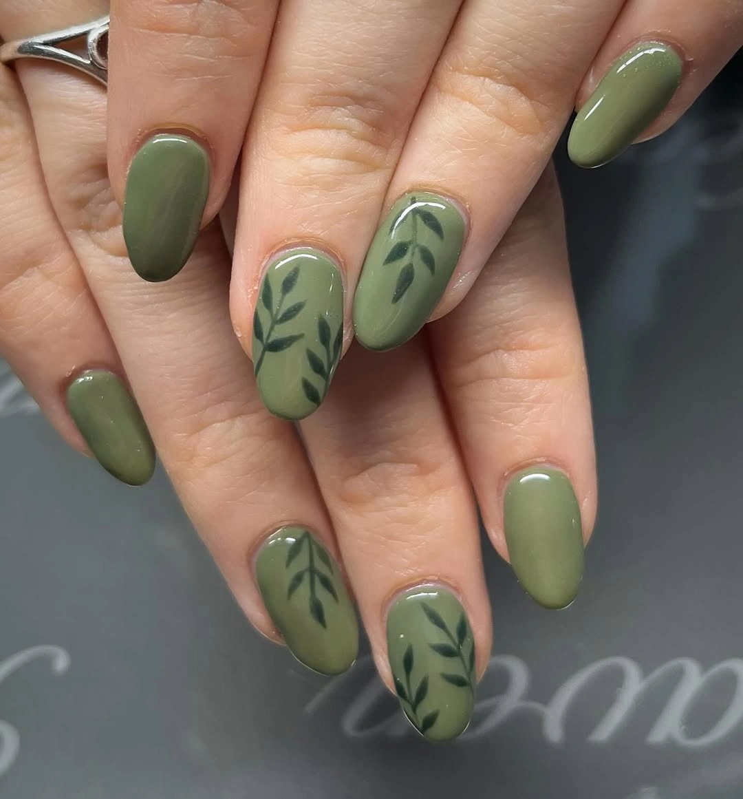 fall manicure 2026 Sage Green Manicure With Leaf Accent Nails