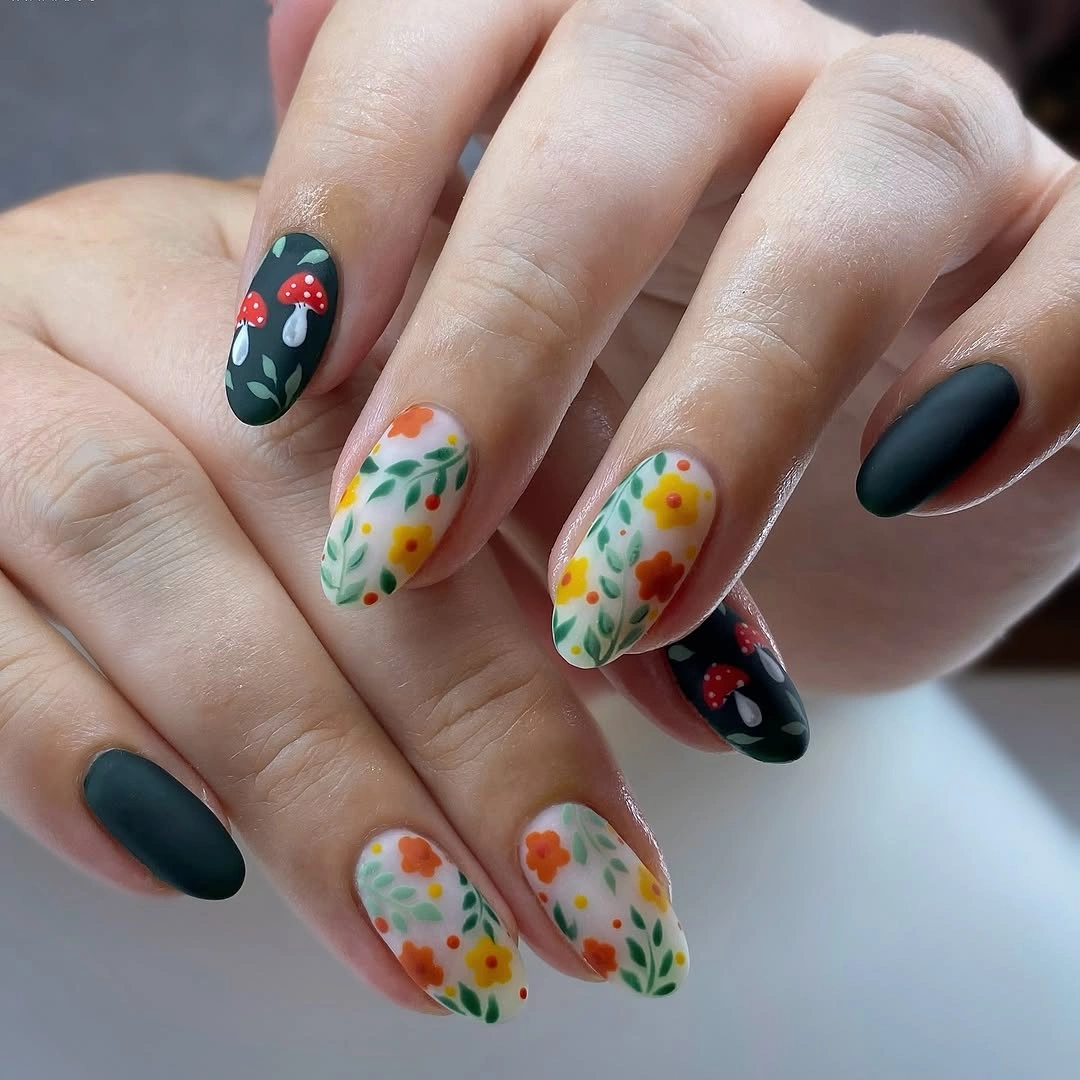 fall medium nail ideas 2026 Dark Green Medium Nails With Floral Accent Set