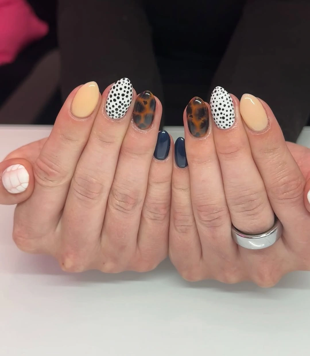 fall medium nail ideas 2026 Cream Dot Medium Nails With Tortoise Details