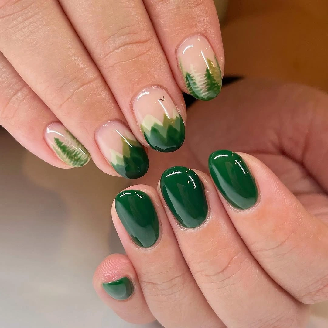 fall medium nail ideas 2026 Green Medium French Nails With Leaf Tips