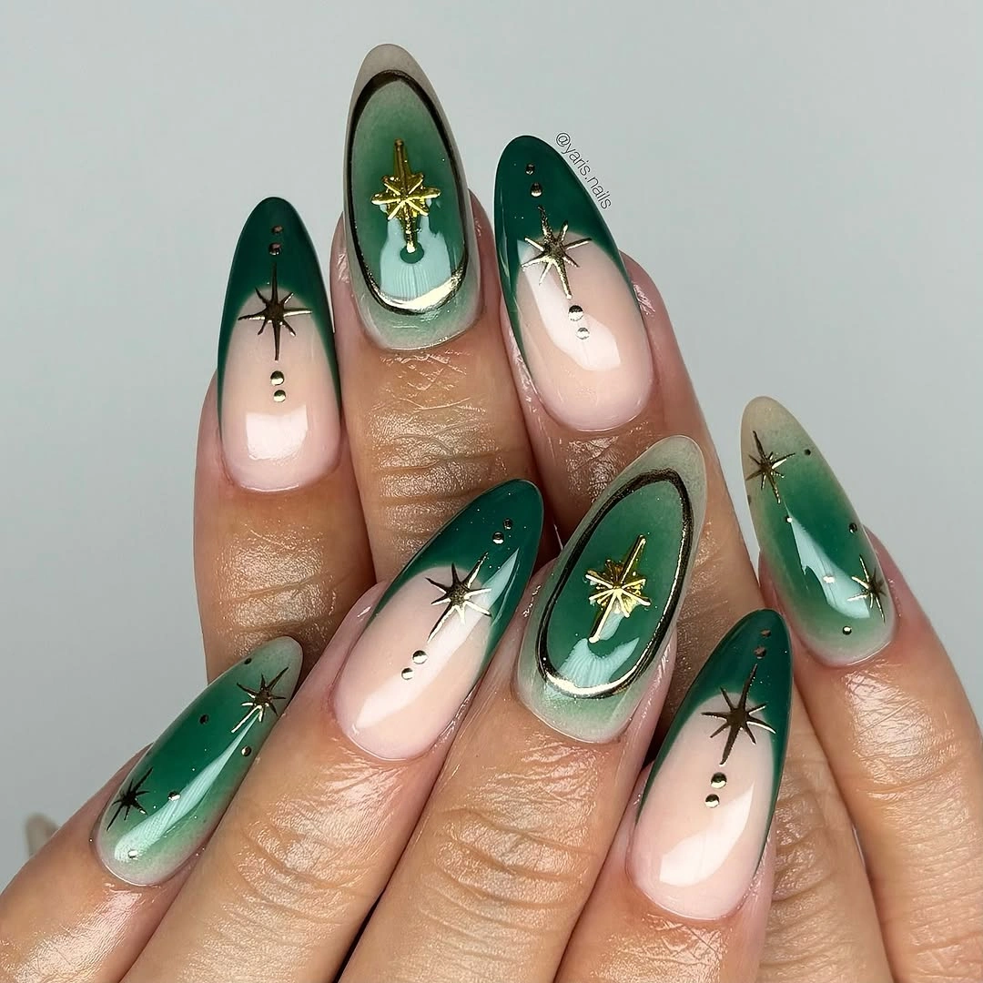 fall medium nail ideas 2026 Emerald Medium Nails With Starry French Frames