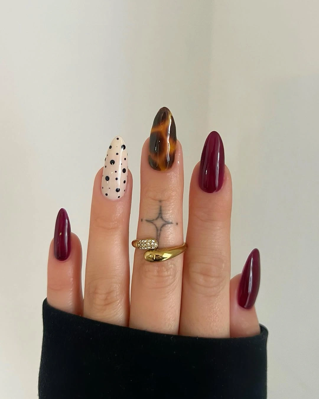 fall nail art 2026 Wine Nails With Tortoise And Dotted Accents