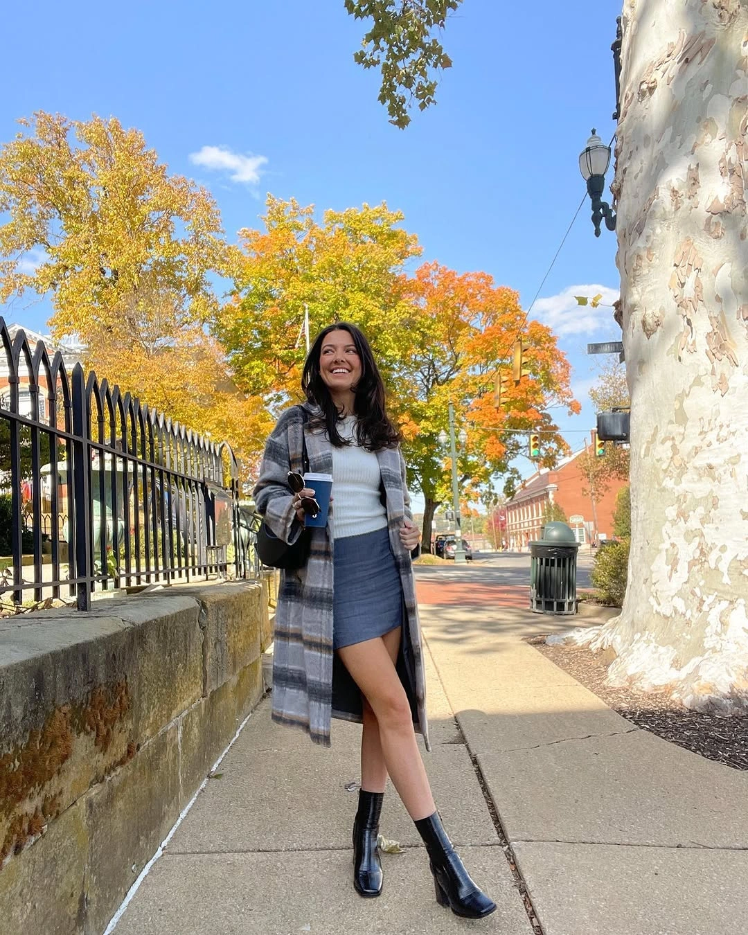 fall outfits with peacoat 2026 + Plaid Coat With Mini Skirt and Black Boots