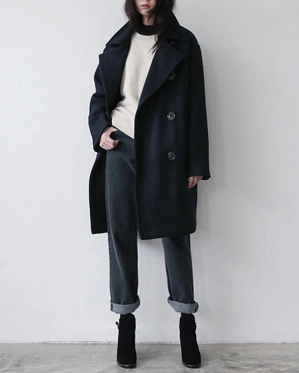 fall outfits with peacoat 2026 + Navy Peacoat With Rolled Gray Trousers