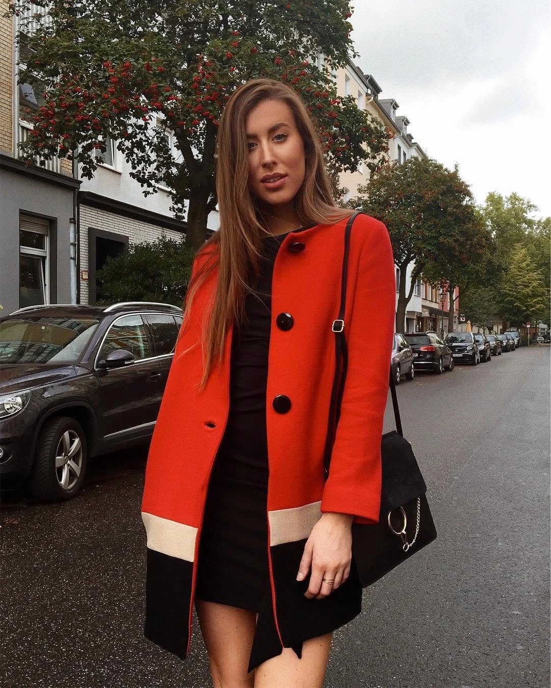 fall outfits with peacoat 2026 + Red Peacoat Over a Little Black Dress