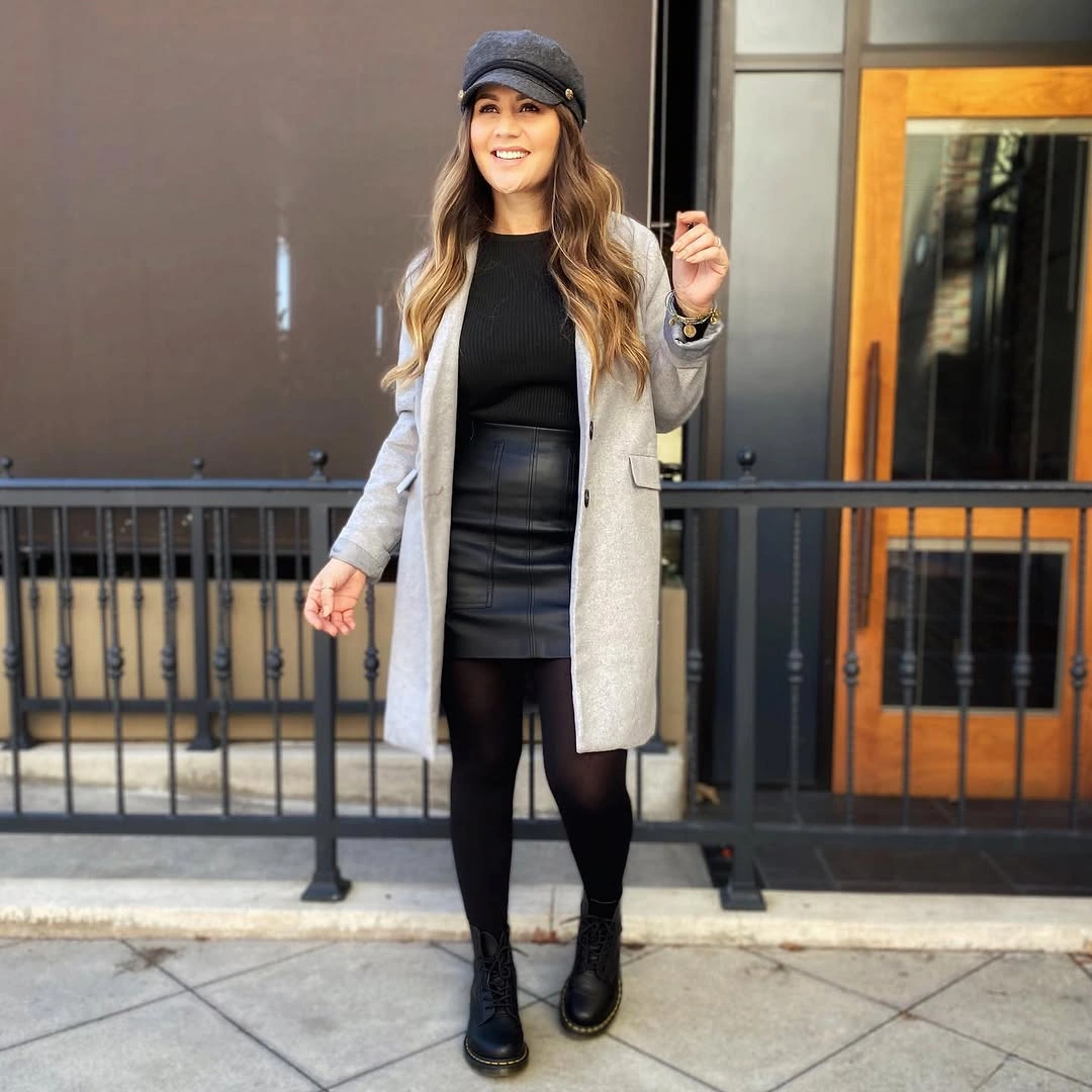 fall outfits with peacoat 2026 + Gray Coat With Leather Mini and Combat Boots