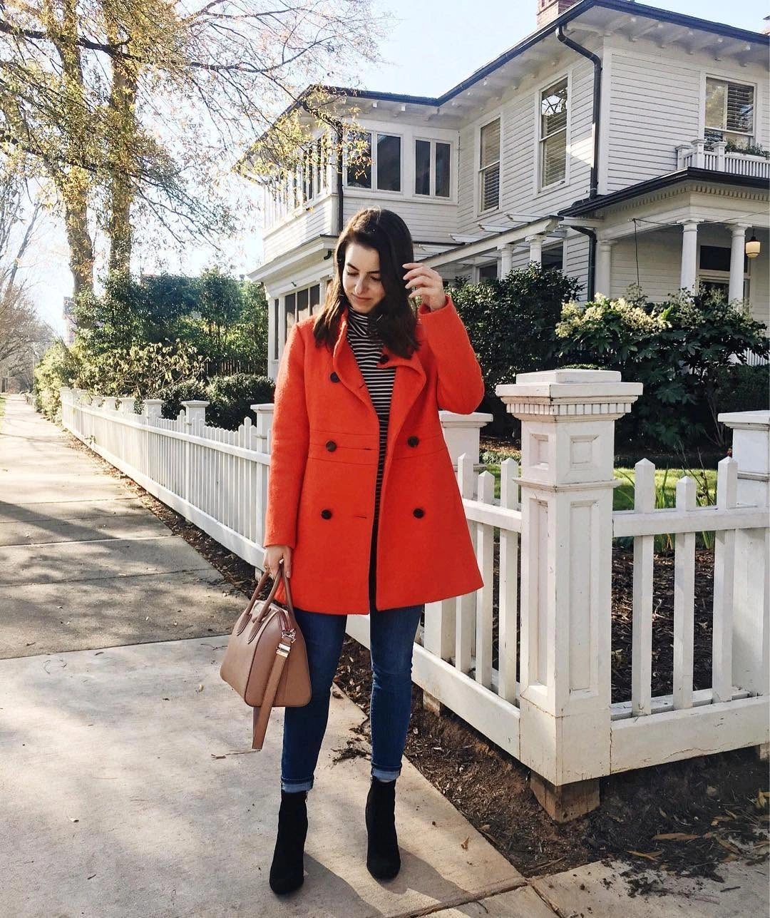 fall outfits with peacoat 2026 + Orange Peacoat With Stripes and Skinny Jeans