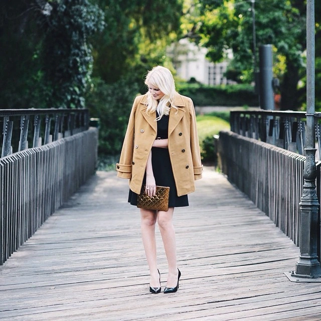 fall outfits with peacoat 2026 + Tan Double-Breasted Peacoat With a Black Mini