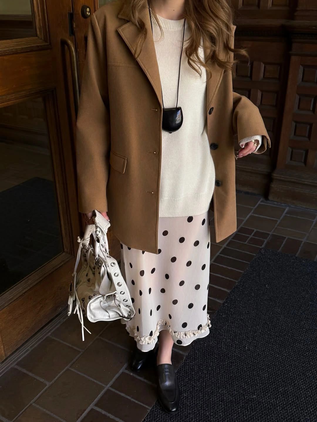 fall outfits with peacoat 2026 + Tan Peacoat Energy With a Polka Dot Skirt