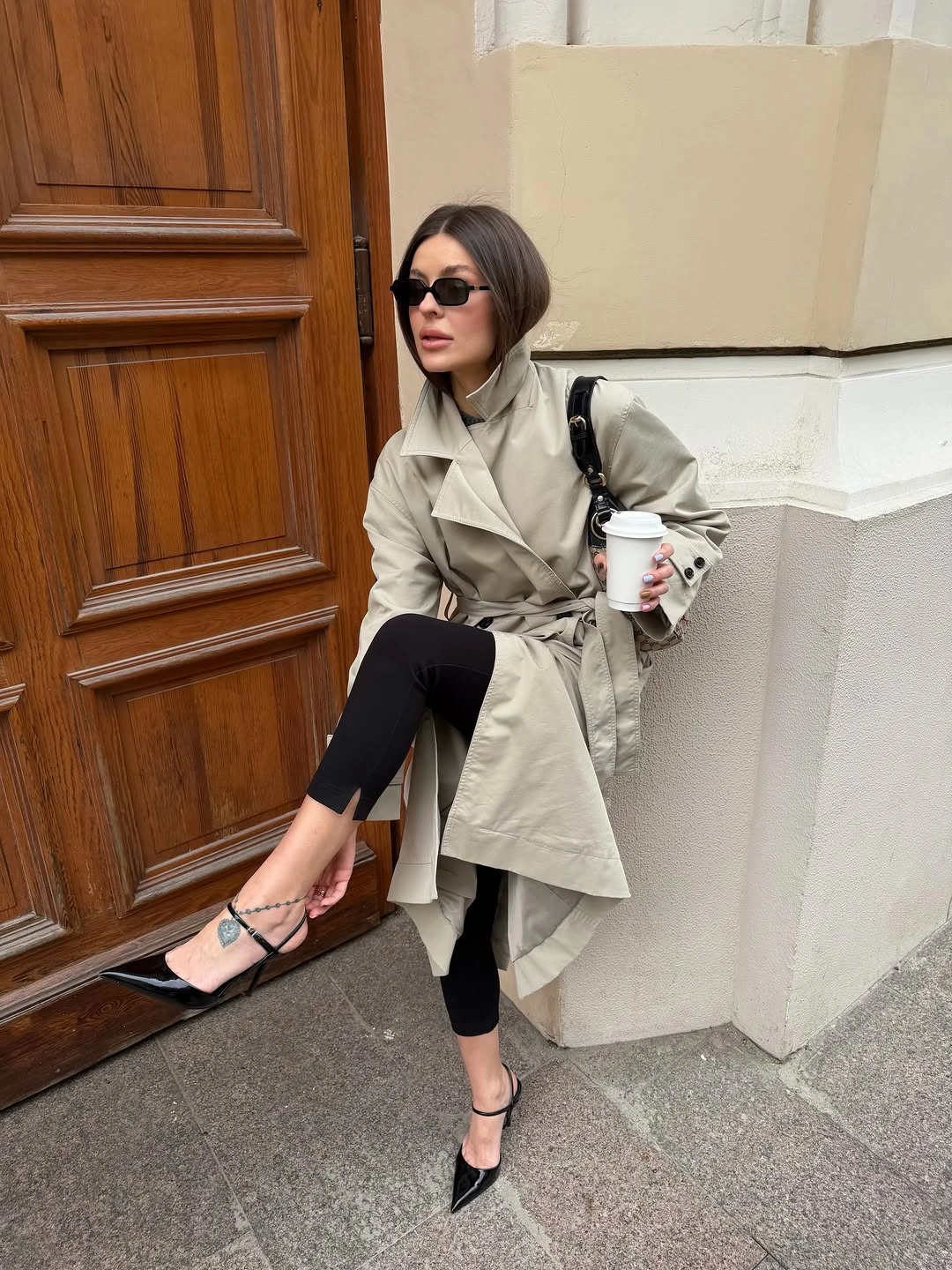 fall outfits with peacoat 2026 + Stone Coat With Black Leggings and Pointed Heels