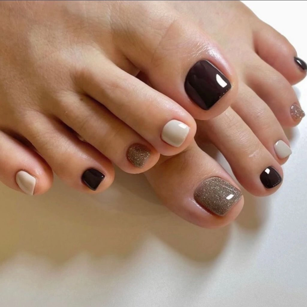 fall pedicure ideas 2026 Mixed Neutral Pedicure With Gray Sparkle