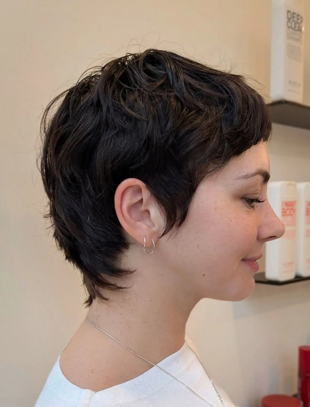 fall pixie haircut ideas 2026 Textured Brunette Pixie With a Soft Feathered Nape