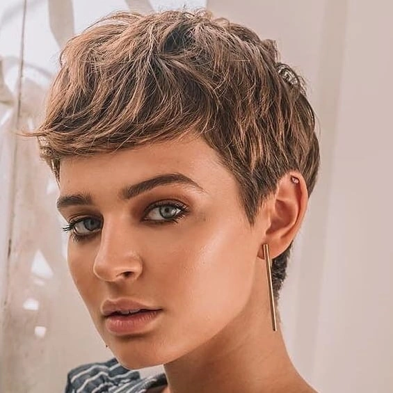 fall pixie haircut ideas 2026 Warm Brunette Pixie With Soft Swept Texture