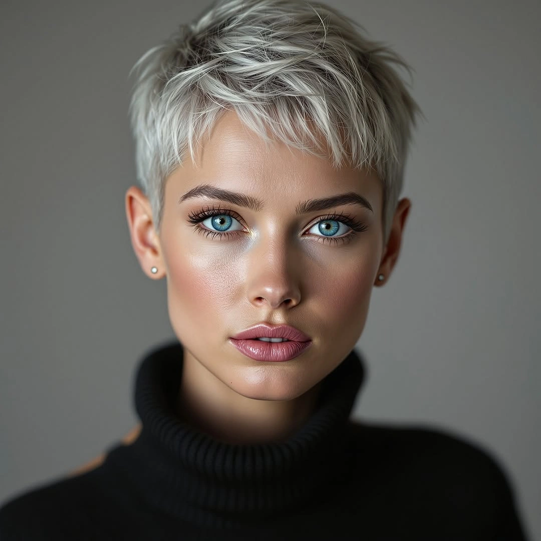 fall pixie haircut ideas 2026 Icy Platinum Pixie With Feathered Bangs