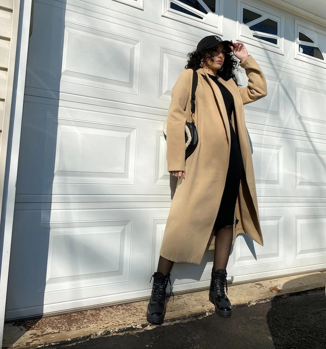 fall pregnancy outfits 2026 + Long Camel Coat With Combat Boots and a Baseball Cap