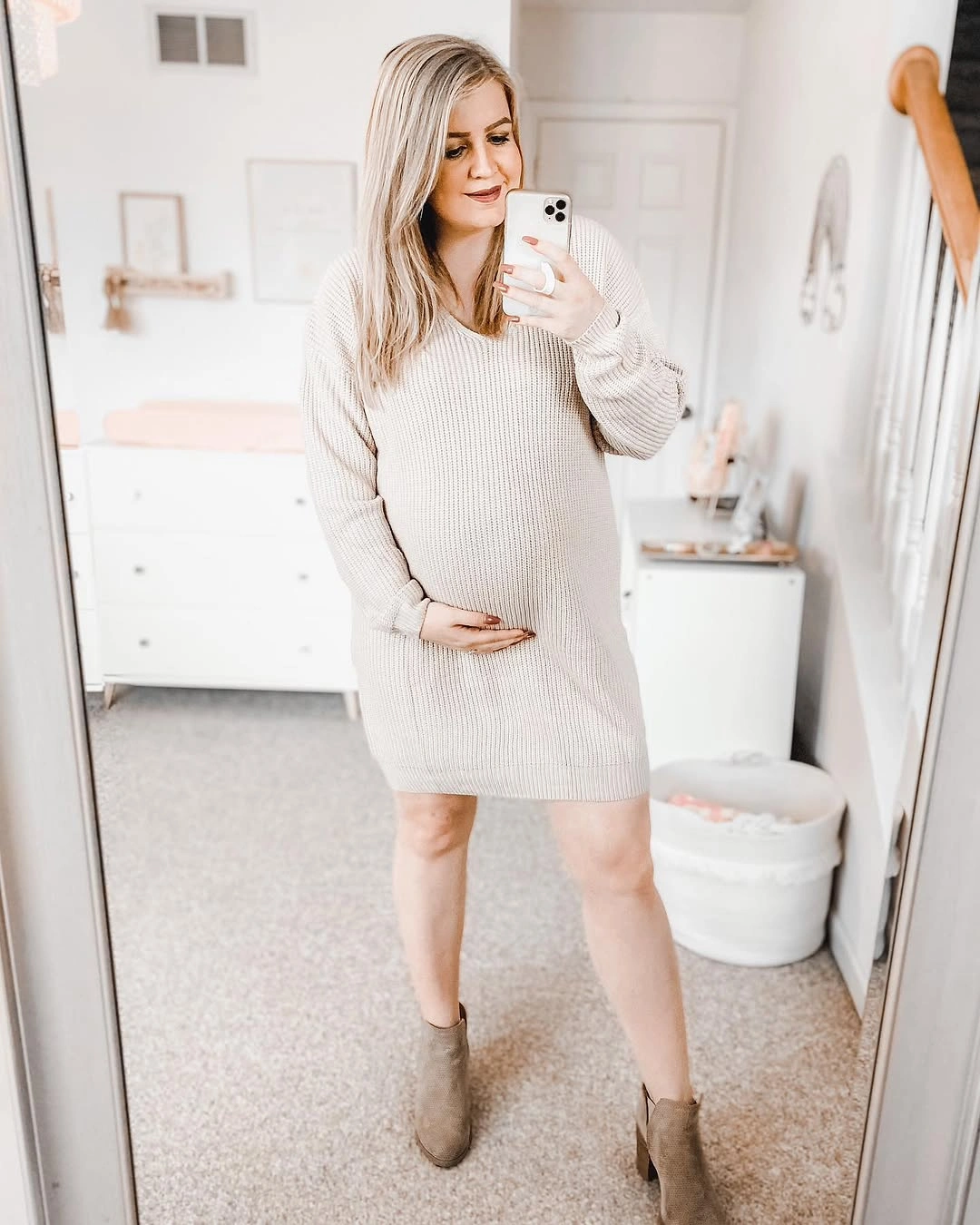 fall pregnancy outfits 2026 + Soft Knit Sweater Dress With Taupe Booties