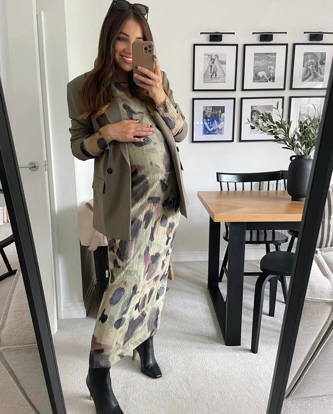 fall pregnancy outfits 2026 + Painterly Midi Dress With a Utility Jacket