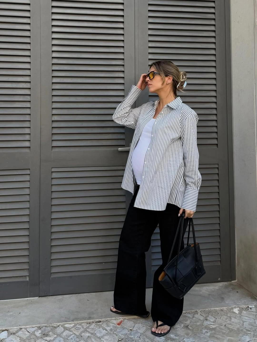 fall pregnancy outfits 2026 + Striped Shirt Layering With Black Wide-Leg Pants