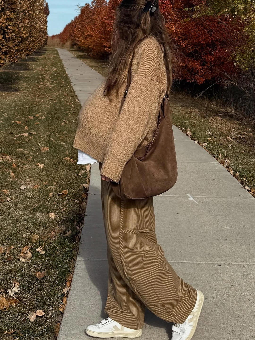 fall pregnancy outfits 2026 + Warm Brown Layers for Casual Autumn Walks