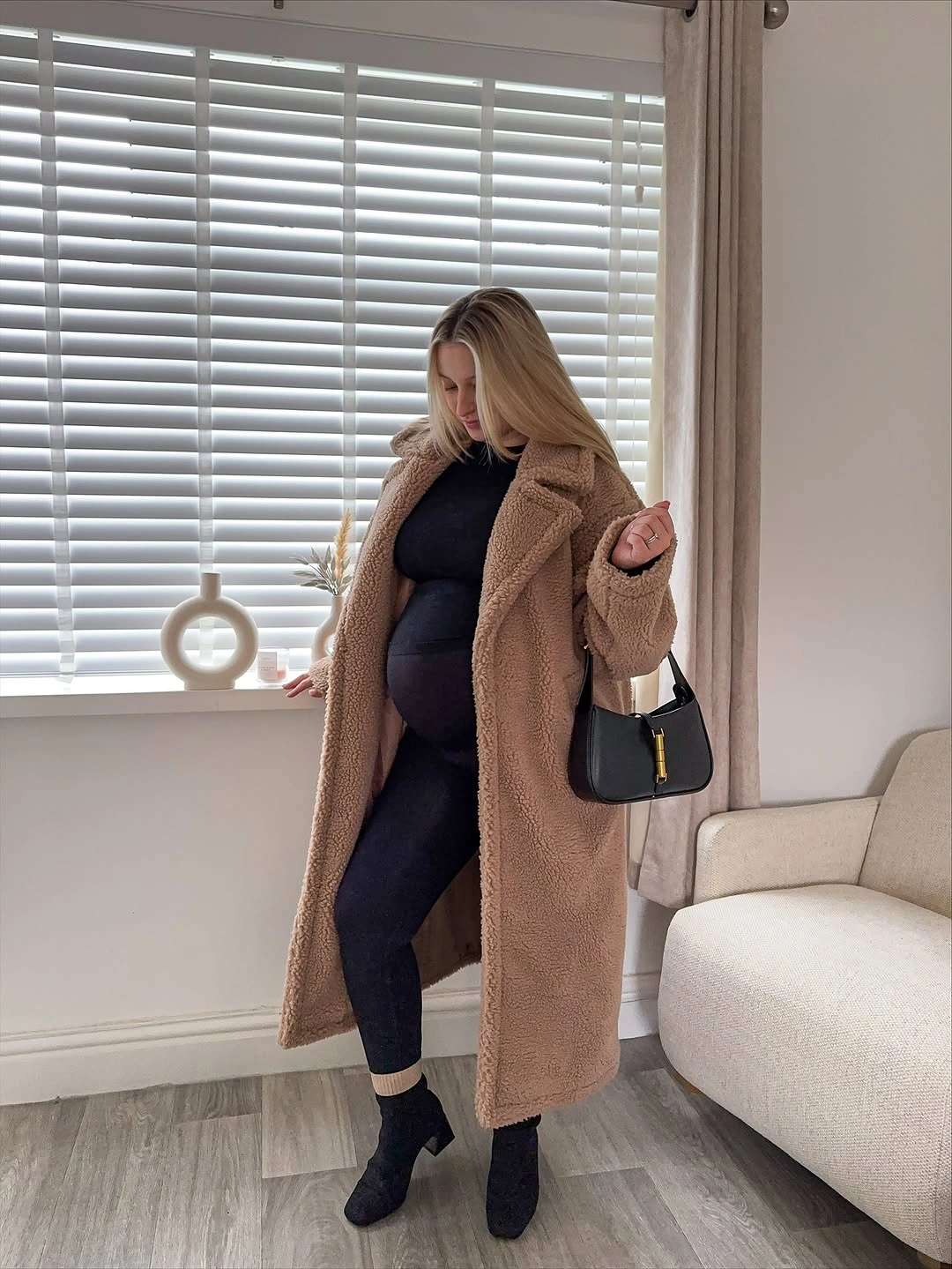 fall pregnancy outfits 2026 + Teddy Coat and Black Leggings for Late-Fall Comfort