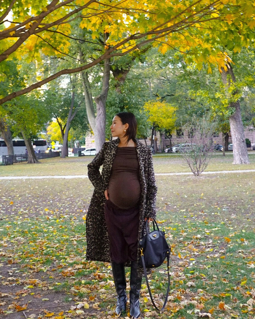 fall pregnancy outfits 2026 + Leopard Coat Over Deep Chocolate Basics