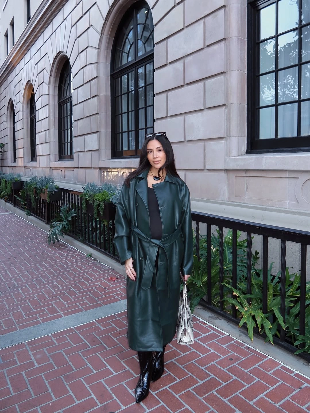 fall pregnancy outfits 2026 + Dark Green Leather Trench for a Polished City Look