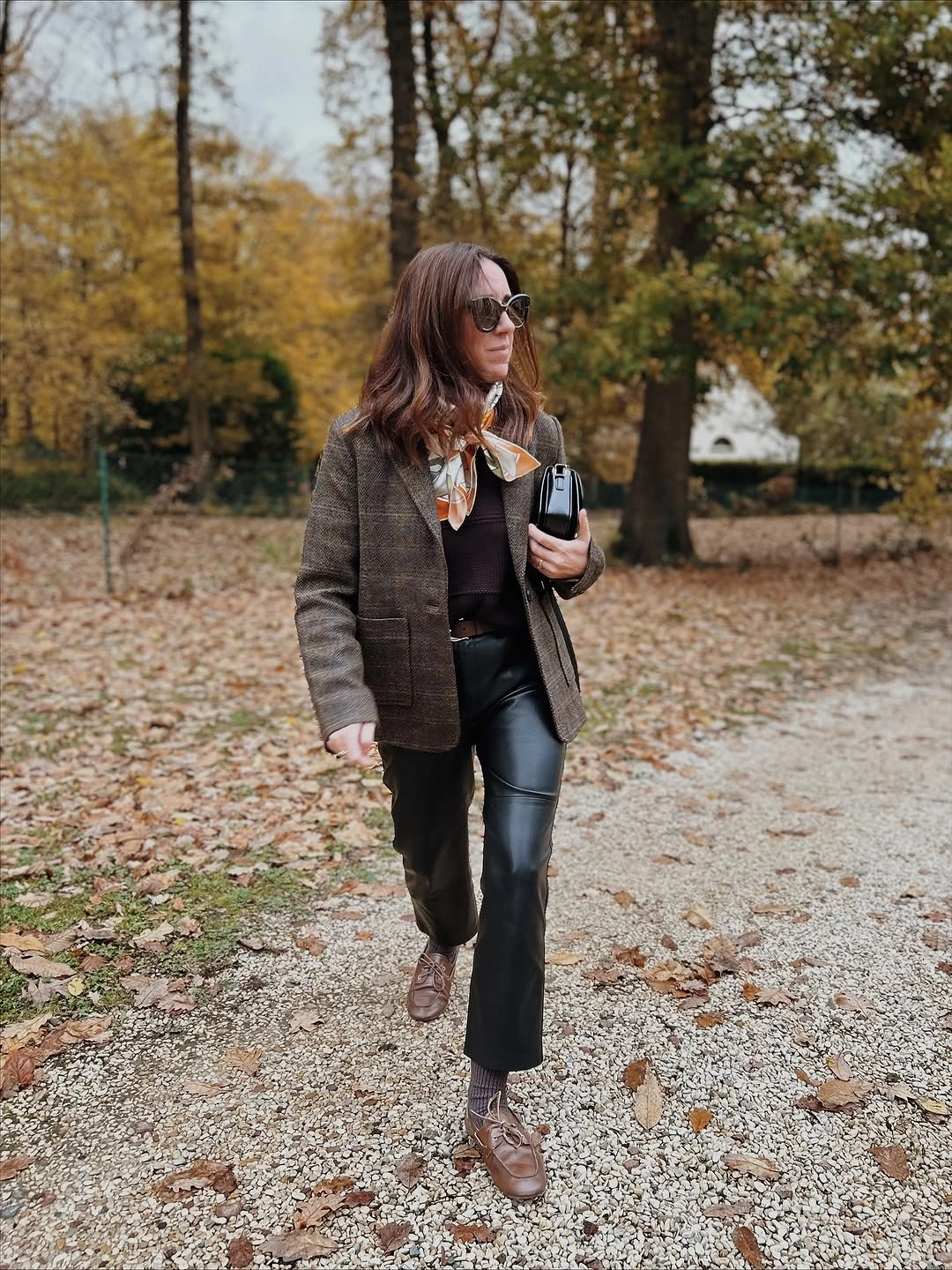 fall professional outfits women 2026 Tweed Blazer and Leather Trousers for a Sharper Fall Workday