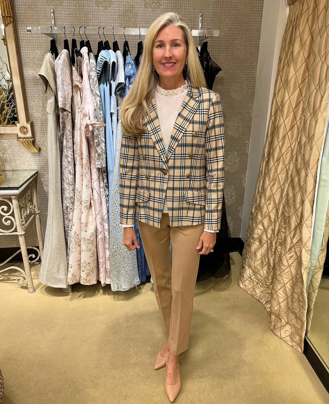 fall professional outfits women 2026 Plaid Blazer and Camel Trousers for Polished Fall Confidence