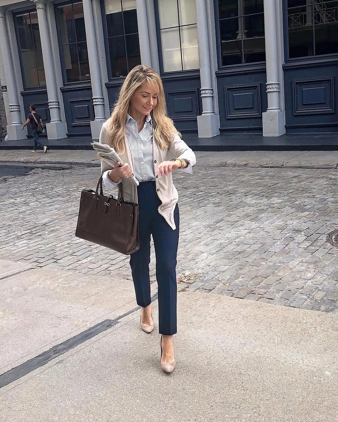 fall professional outfits women 2026 Striped Shirt and Navy Pants for a Classic Commuter Look