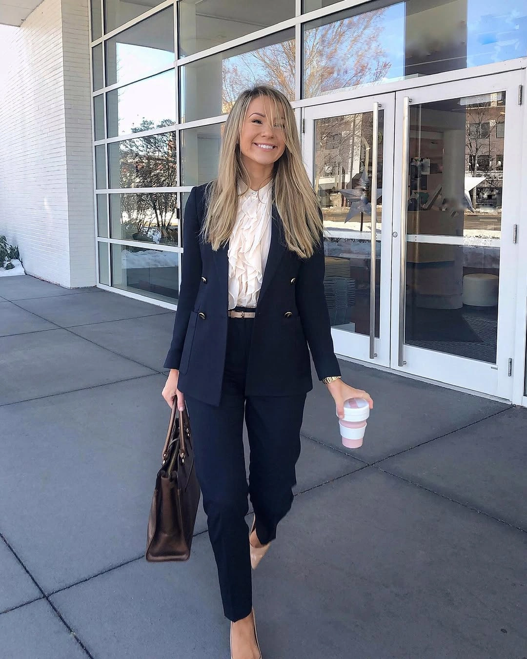 fall professional outfits women 2026 Navy Suiting with a Ruffled Blouse for a More Feminine Power Look