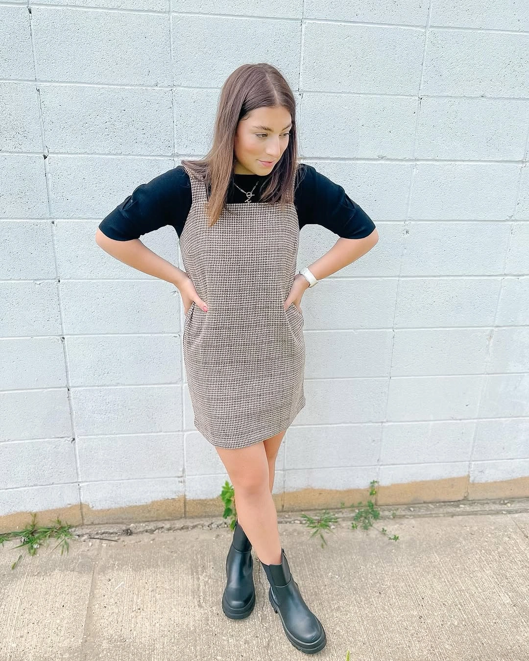 fall professional outfits women 2026 Houndstooth Shift Dress with Chunky Boots for a Creative Workday