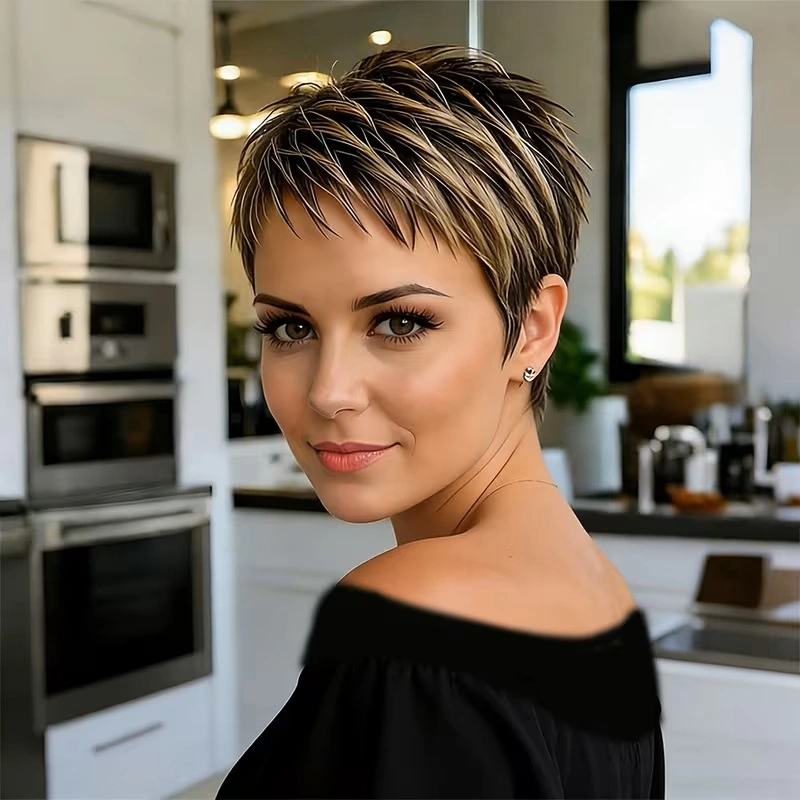 fall short haircuts 2026 + Highlighted Piecey Pixie With Off-Shoulder Ease