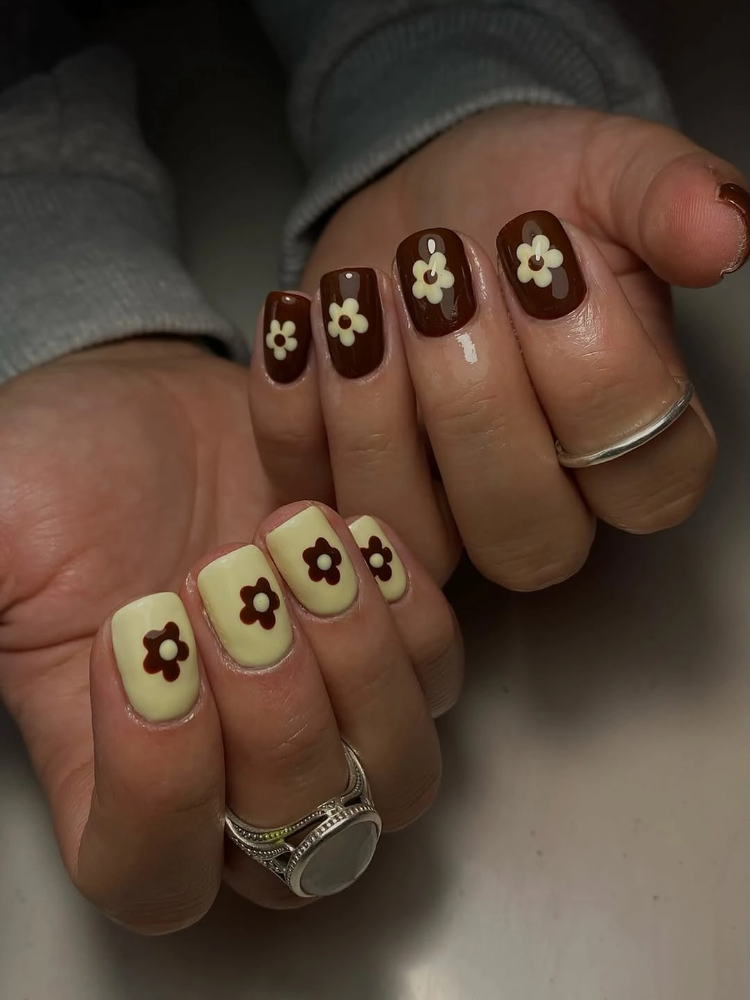 fall short nails 2026 Chocolate Flower Accents On Short Nails