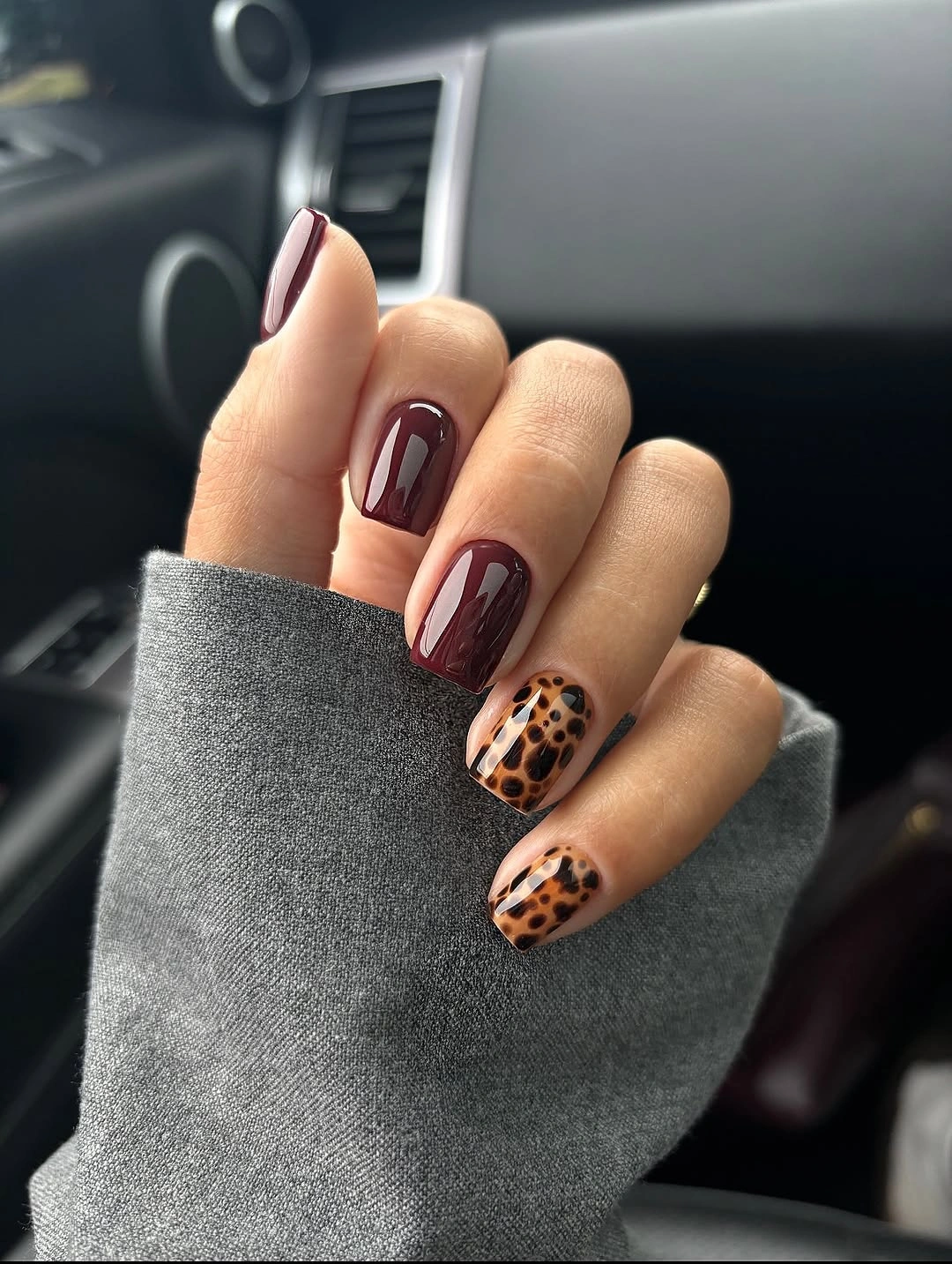 fall short nails 2026 Burgundy Short Nails With Leopard Accent