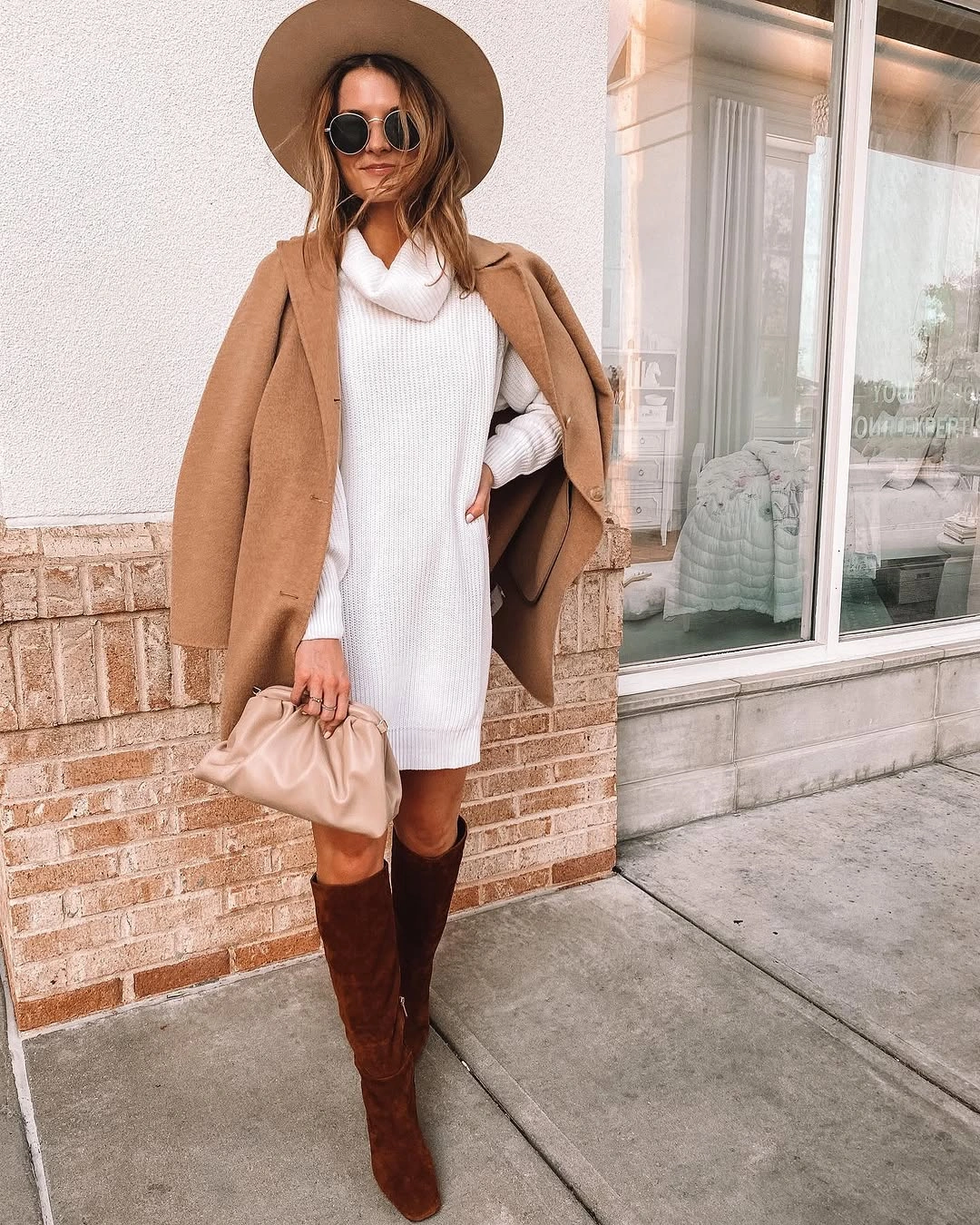 fall sweater dress outfits 2026 + White Cowl-Neck Sweater Dress With Brown Suede Boots