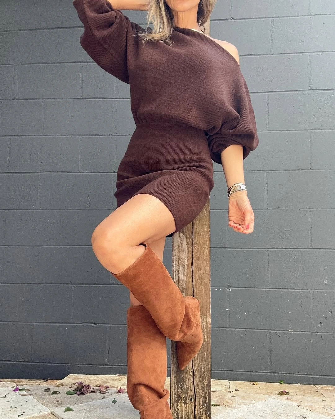 fall sweater dress outfits 2026 + Chocolate Knit Set With Slouchy Suede Boots