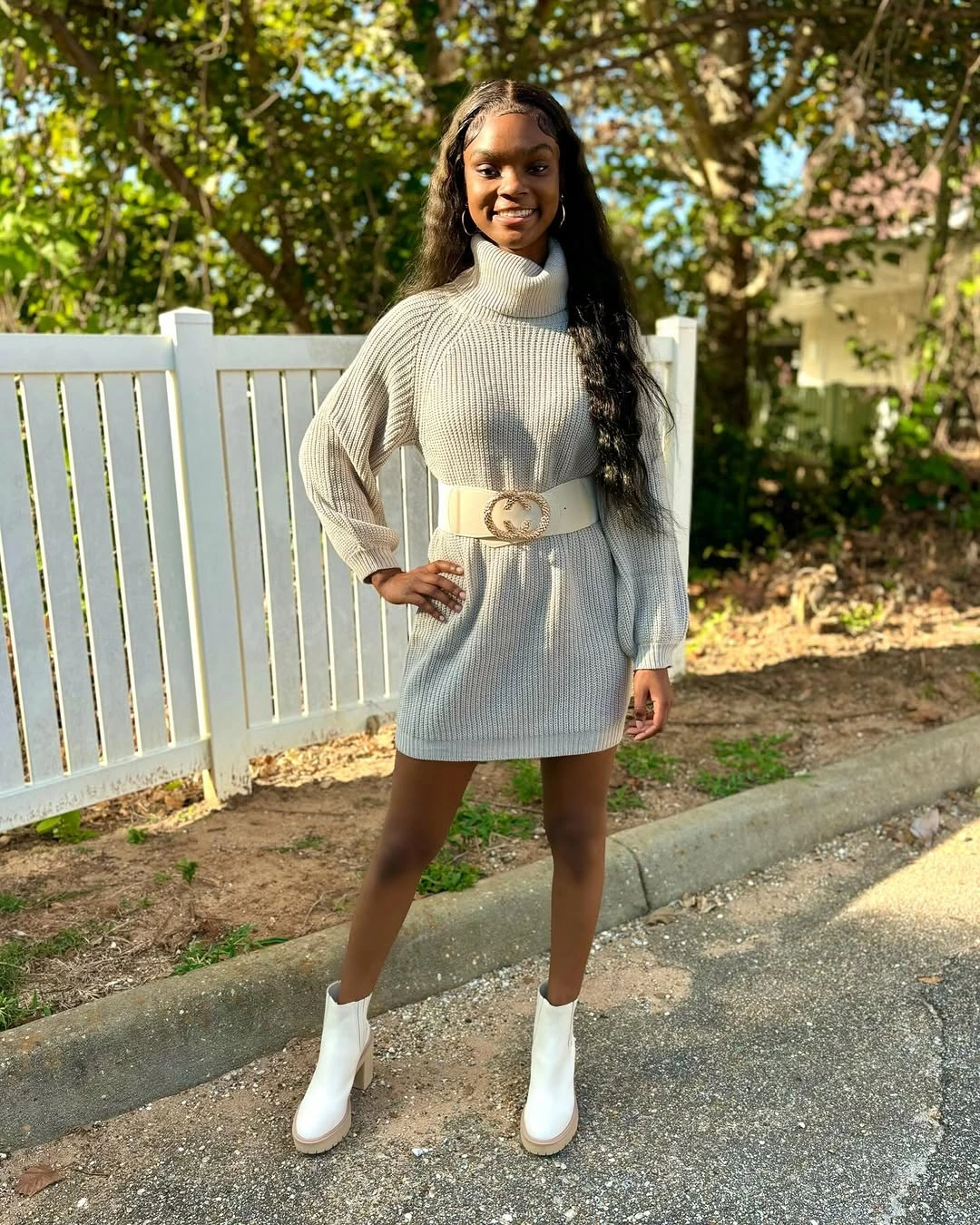 fall sweater dress outfits 2026 + Gray Turtleneck Sweater Dress With White Ankle Boots