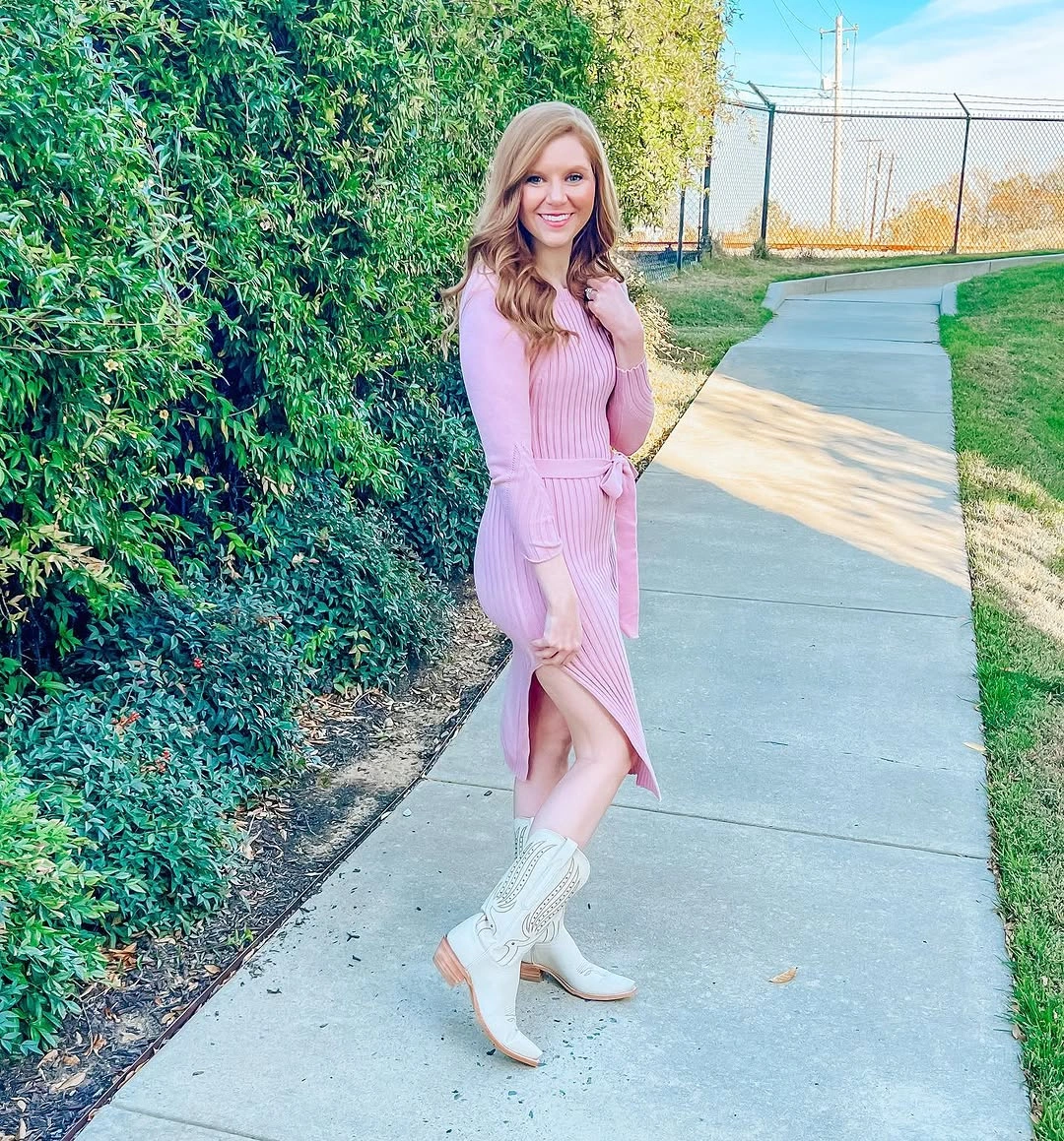 fall sweater dress outfits 2026 + Blush Ribbed Sweater Dress With White Western Boots