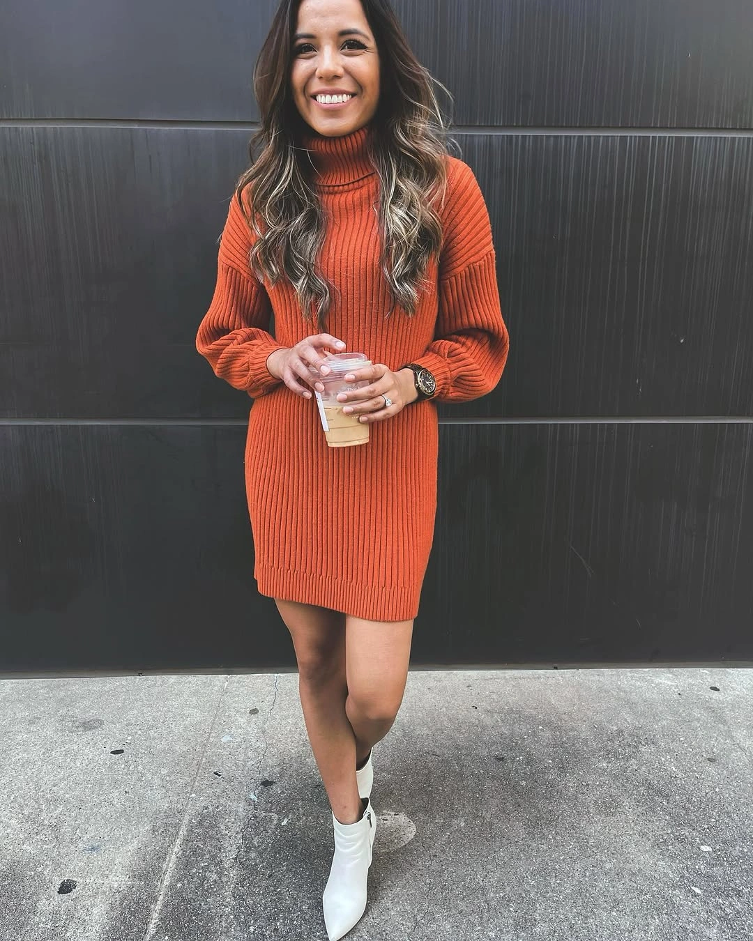 fall sweater dress outfits 2026 + Burnt Orange Turtleneck Dress With White Ankle Boots