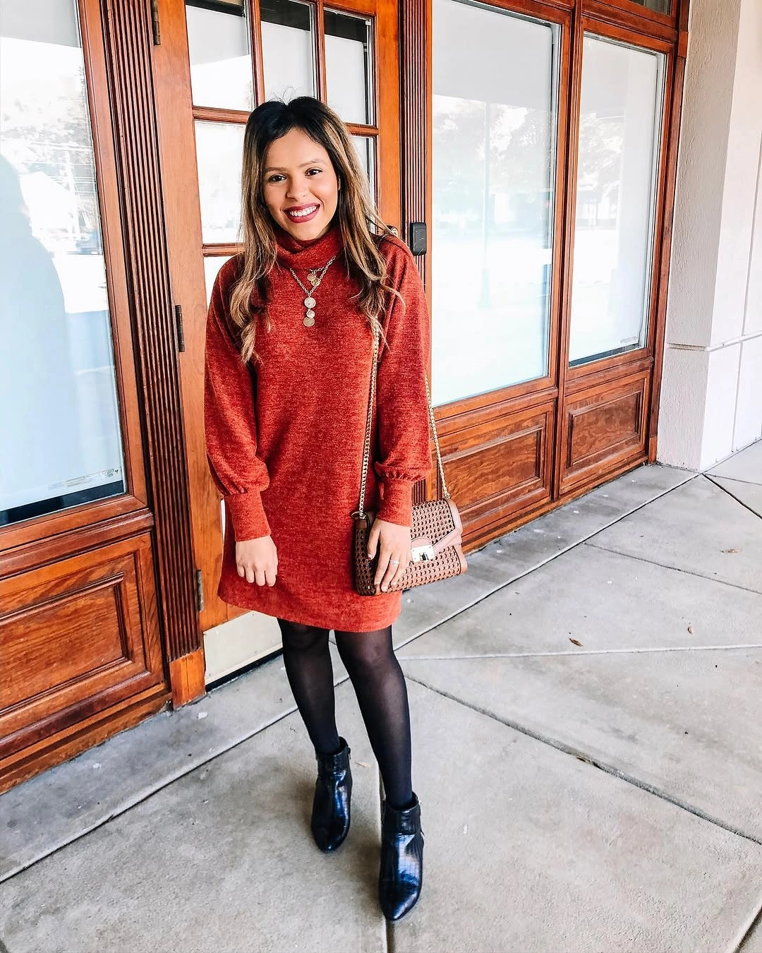 fall sweater dress outfits 2026 + Rust Sweater Dress With Tights and Patent Boots