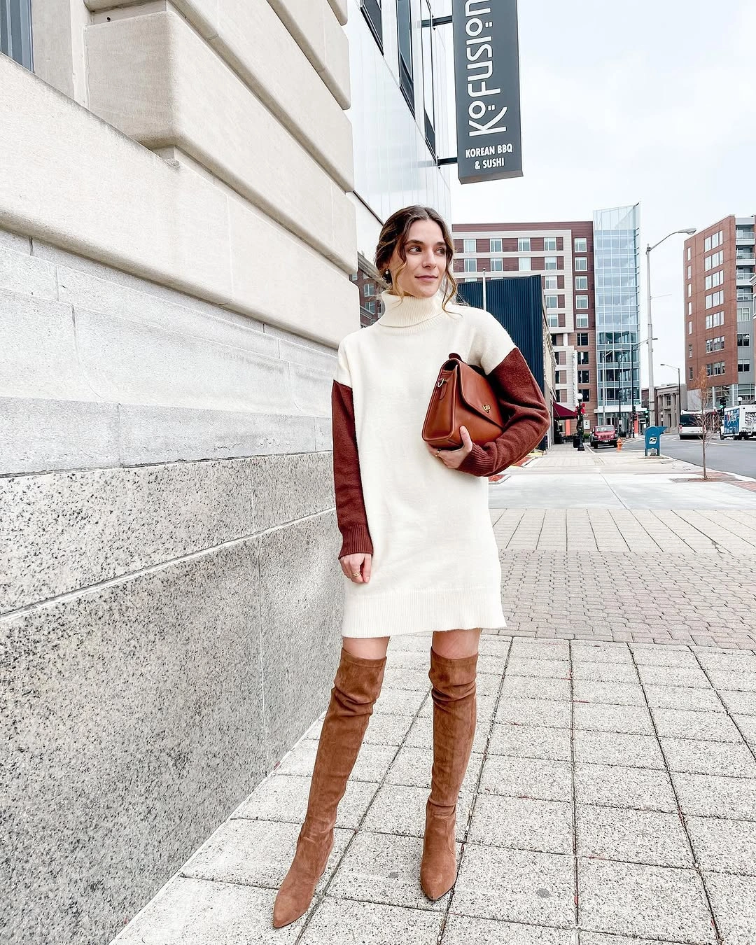 fall sweater dress outfits 2026 + Color-Blocked Turtleneck Dress With Tall Suede Boots