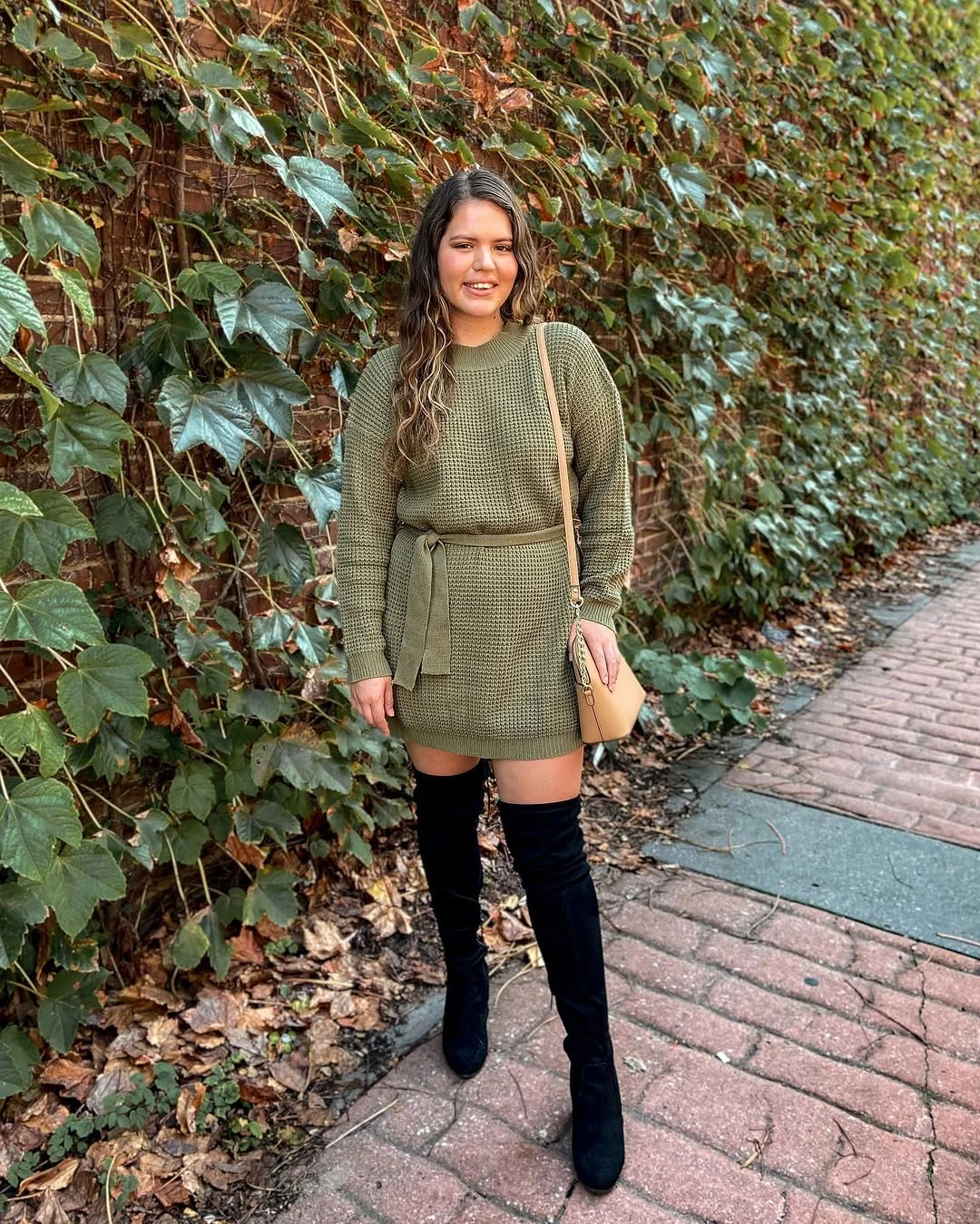 fall sweater dress outfits 2026 + Olive Belted Sweater Dress With Over-the-Knee Boots