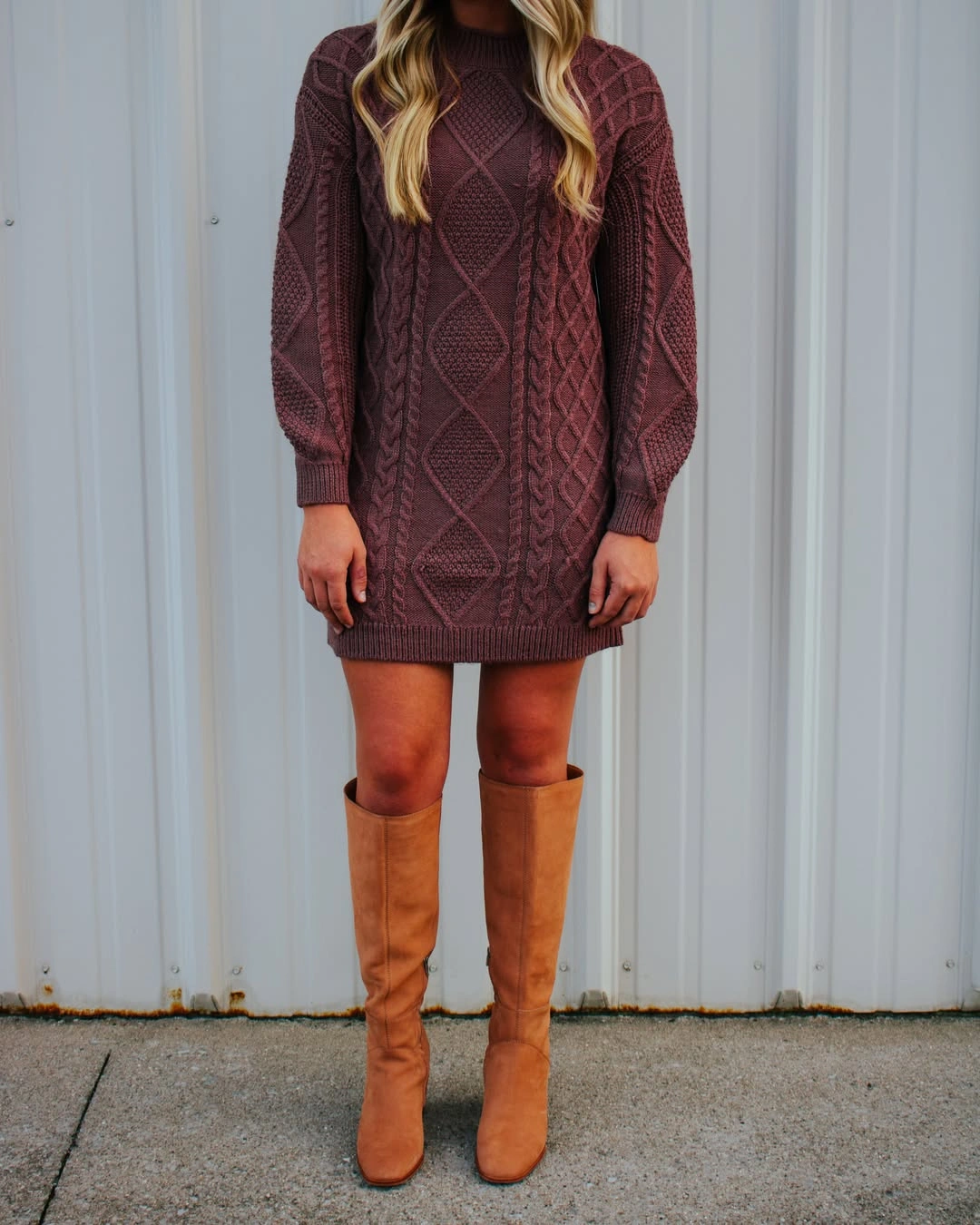 fall sweater dress outfits 2026 + Plum Cable-Knit Sweater Dress With Camel Knee Boots