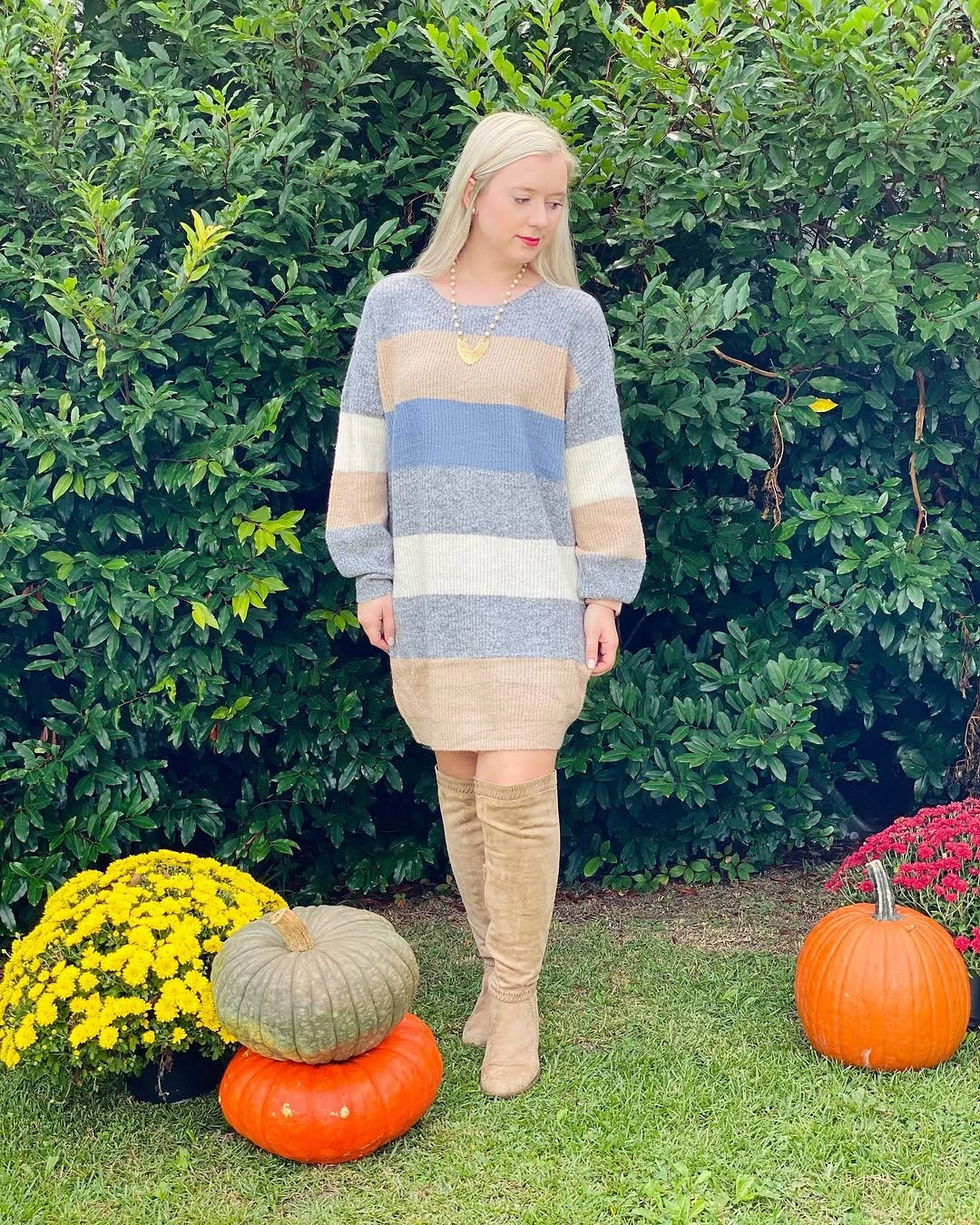 fall sweater dress outfits 2026 + Soft Stripe Sweater Dress With Taupe Over-the-Knee Boots