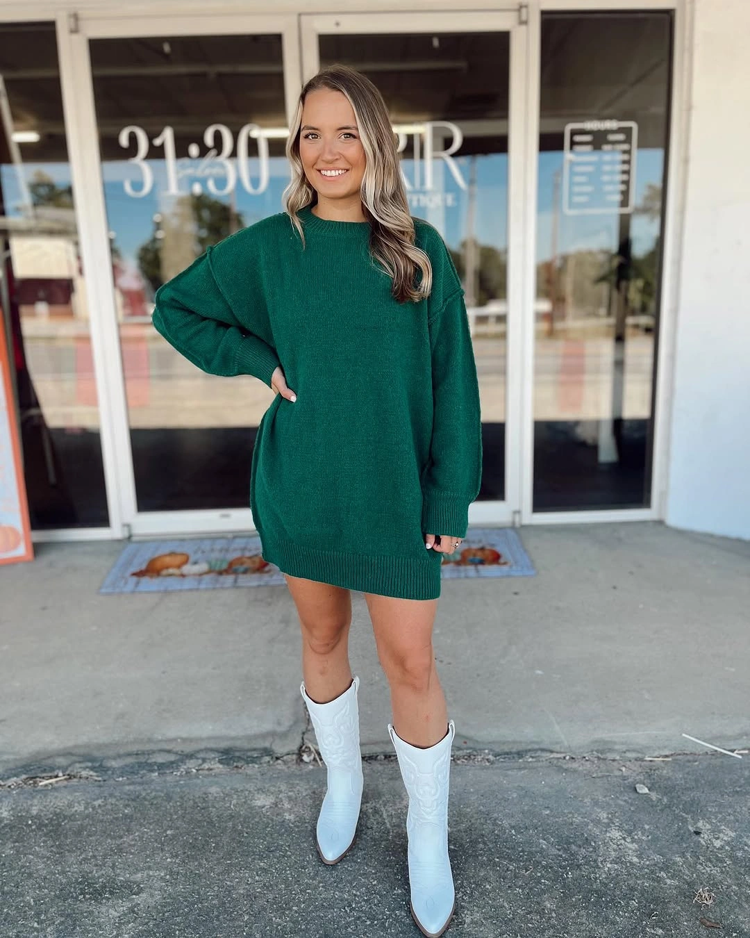 fall sweater dress outfits 2026 + Emerald Sweater Dress With White Western Boots
